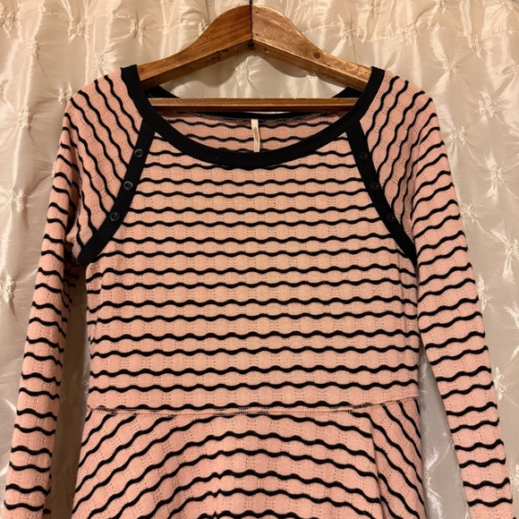 Free People Pink Black Wavy Stripe Pointelle Peplum Top - Picture 2 of 10